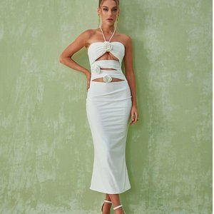 Elegant White Midi Cutout Dress with Floral Accents